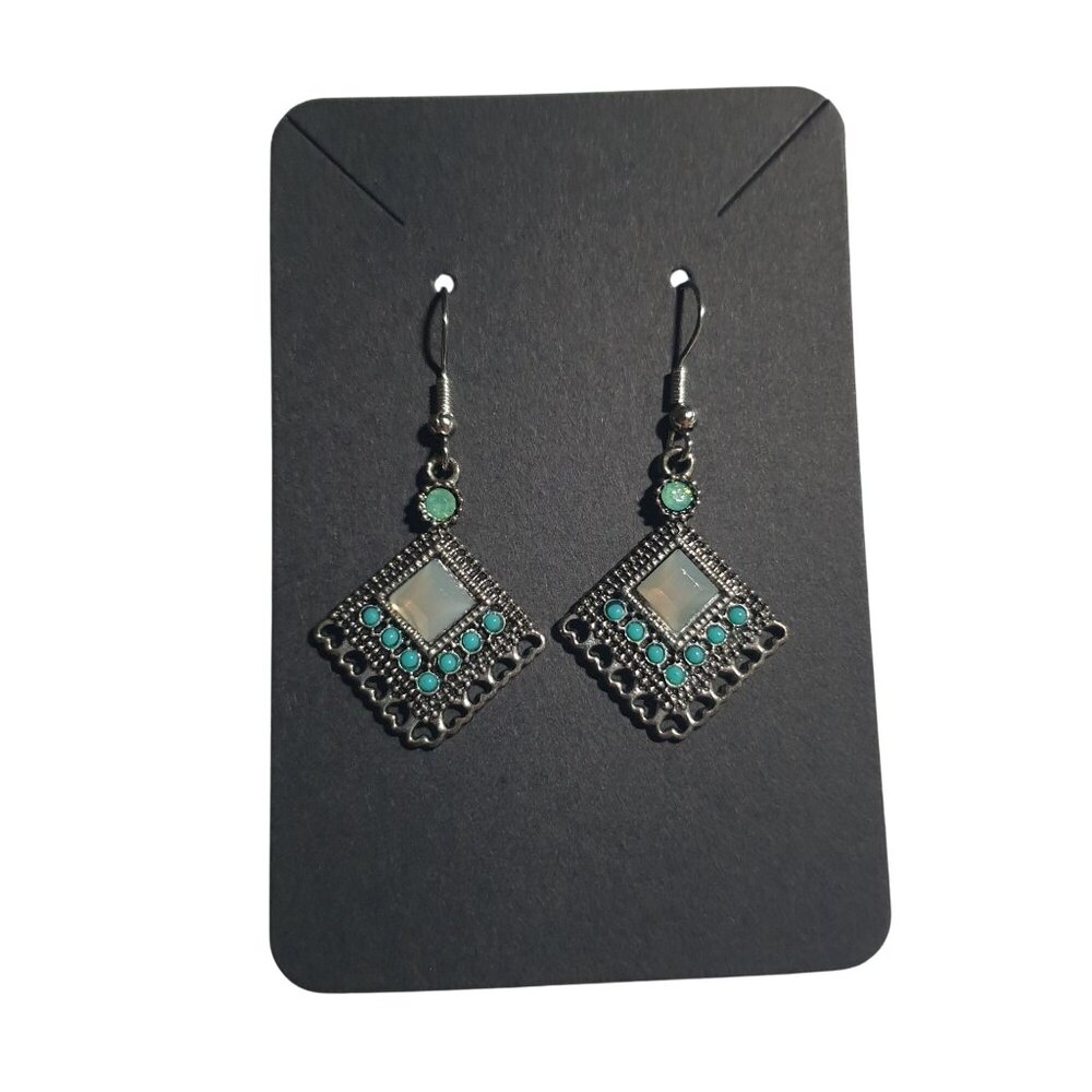 Silver Tone Heart Drop Earrings Blue Women Boho Beach Core Mom Gift Dangle New